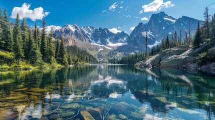 Tranquil mountain lake with crystal clear water.