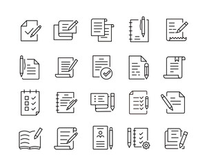 Document and Writing Icons - Vector Line. Editable Stroke.