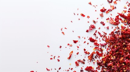 Obraz premium Red chili flakes on white background for food presentation top view with space for text