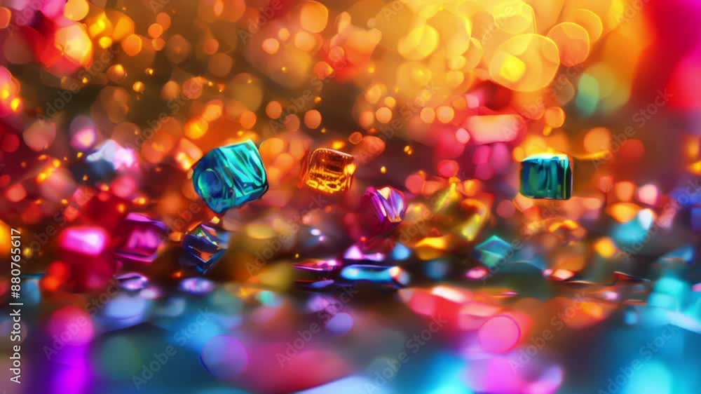 Poster volumetric cubes and rainbow colored balls floating on a festive blurred golden bokeh background