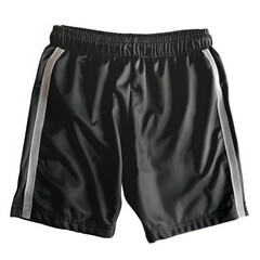 A pair of black athletic shorts with an elastic waistband and side stripes, isolated on white background.