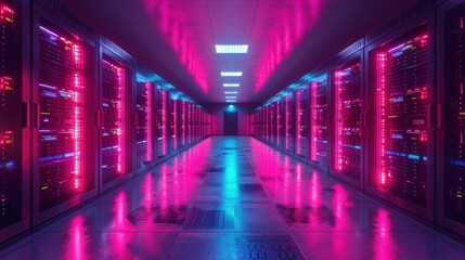 High-tech data center, illuminated server racks, sleek modern design, advanced cooling systems, cyber theme, cutting-edge technology
