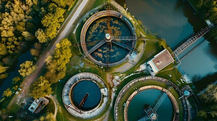 Fototapeta premium Expansive Aerial View of an Industrial Wastewater Treatment Facility with Sophisticated