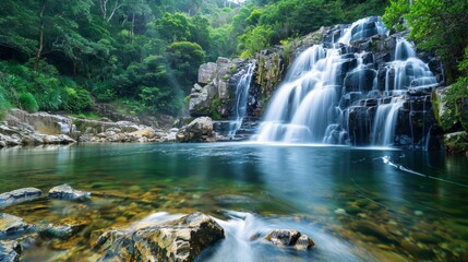 Fototapeta premium Tranquil Waterfall in Lush Green Forest.