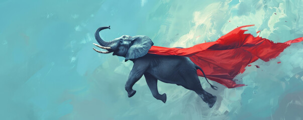 A superhero elephant in a red cape and mask, soaring gracefully on a light blue background. The elephant's impressive flight and the calming colors create a unique and powerful image.