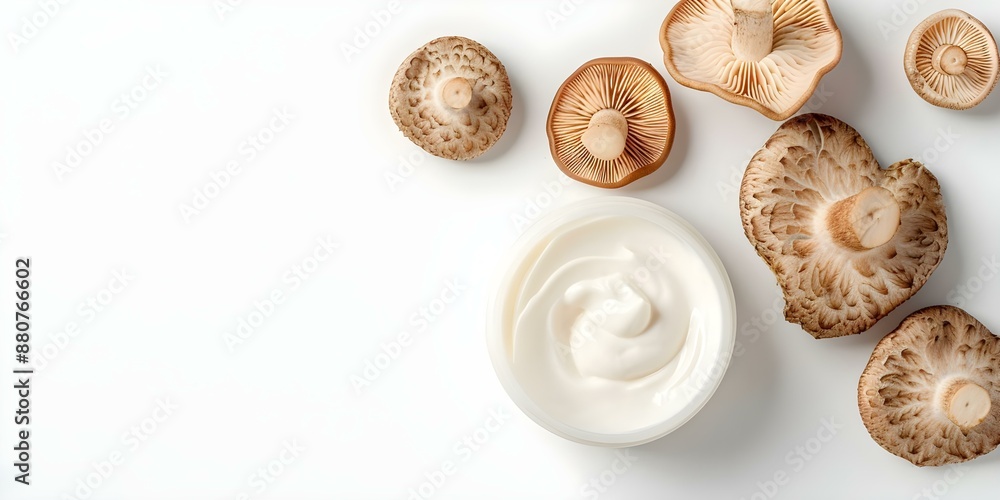 Wall mural trendy foundation cream with reishi or chaga mushrooms on a white background. concept beauty photogr