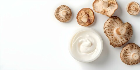 Trendy foundation cream with reishi or chaga mushrooms on a white background. Concept Beauty Photography, Organic Makeup, Mushroom Skincare, White Background, Trendy Cosmetics