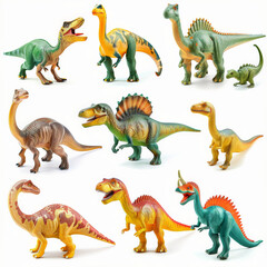 A set of plastic toy dinosaurs in various poses, isolated on white background. © AI_images