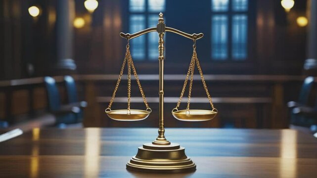 Golden scales of justice on wooden desk in law library