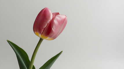 Fototapeta premium A pink tulip flower on the right side of white background
