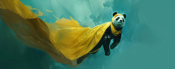 A superhero panda in a yellow cloak and mask, flying gracefully on a teal background. The panda's elegant movement and the cool tones create a serene image.