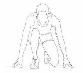 continuous line athletes run in the starting position before running, vector illustration.