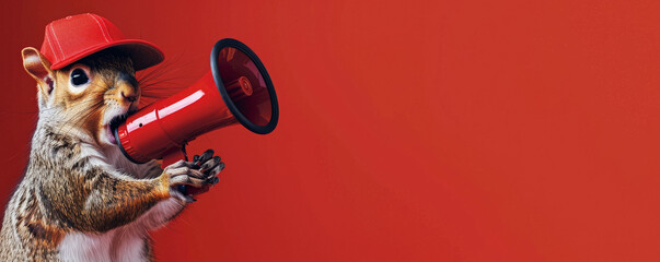 A cool squirrel with a baseball cap, holding a megaphone on a red background. The squirrel's playful look and the megaphone's call create an energetic vibe.