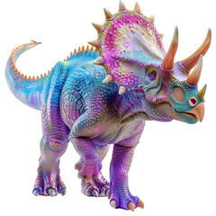 Obraz premium A colorful Triceratops with its three distinct horns and large frill, standing confidently, isolated on white background.