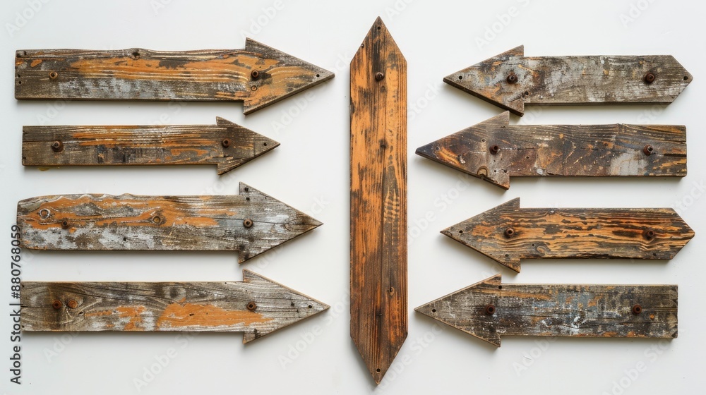Poster a collection of wooden arrows pointing in different directions, great for use in illustrations, desi