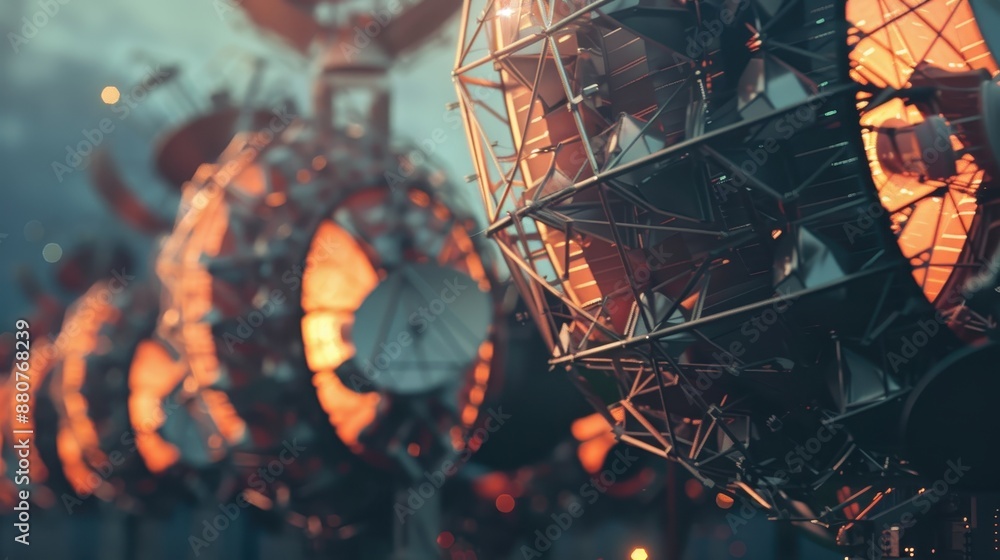 Poster cutting-edge technology: close-up of satellite antenna array transmitting data signals