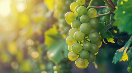 Green Grapes Hanging from a Vine in Sunlight