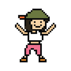 Obraz premium Cute pixel cartoon 8bit character woman exercises training dance lifestyle music decoration life style 8 bit female girl dance with music game fitness isolated PNG vector.