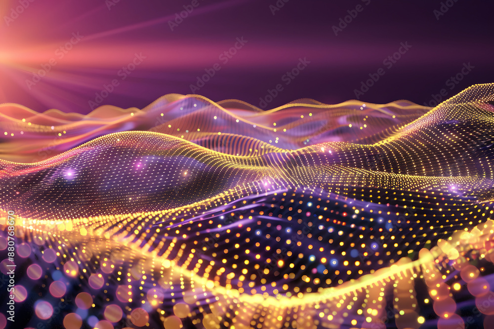 Wall mural network technology background technology and communication connected dots on 3d wave landscape telecommunication data science shiny particles cyberspace metaverse concept