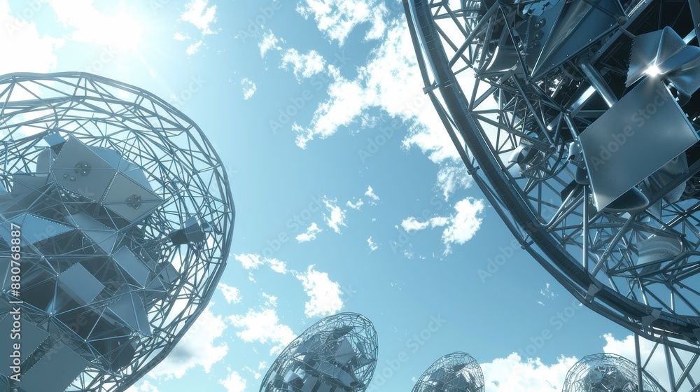 Poster cutting-edge technology: close-up of satellite antenna array transmitting data