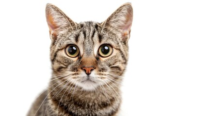 Fototapeta premium Tabby cat on white background gazes at the camera