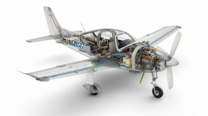 Small Electric single seater Airplane without brand partially transparent to see battery wires and all the technical system on a white background