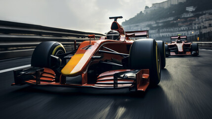 Obraz premium Close up of an Orange Formula 1 car without brand driving very fast into a curve with another competitor just behind him with a sun light and a blurry background