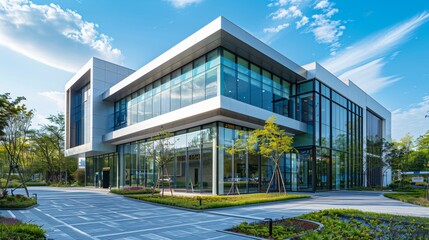 Serene Modern Oncology Hospital with Clear Signage in Lush Green Setting