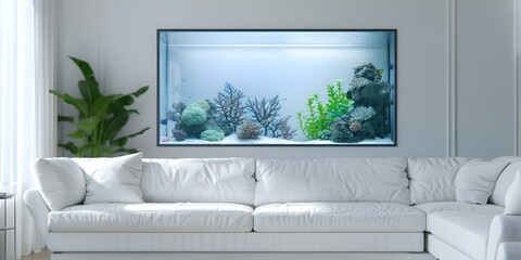 Fototapeta premium An aquarium in a house's living room. Concept Home Aquarium, Interior Design, Exotic Fish, Underwater Ecosystems