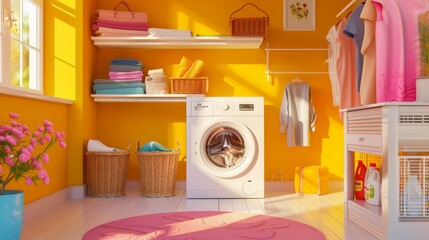 Modern Laundry Room with Yellow Walls and White Cabinets.
