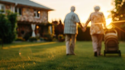 Obraz premium Love Blossoms in the Garden: Elderly Couple Holding Hands and Smiling in Soft Lighting with Realistic Feel