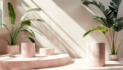Fototapeta premium Minimalist Podiums with Green Leaves