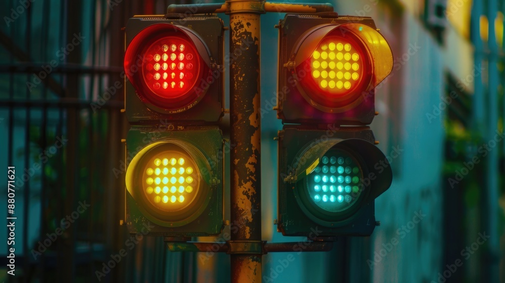Poster a close-up view of a traffic light on a pole, ideal for use in illustrations or diagrams