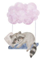 Cute Sleeping Raccoon. Watercolor Illustration. Nursery Art.