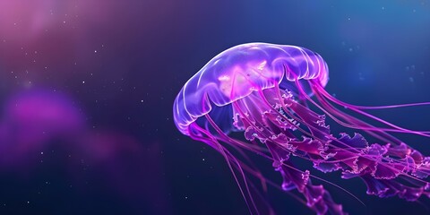 Obraz premium Elegant purple jellyfish with see-through tentacles drifting in colorful ocean. Concept Underwater World, Marine Life, Purple Jellyfish, Colorful Ocean, Elegant Creatures