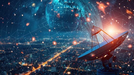 Futuristic Satellite Dish Transmitting Digital Communication Signals