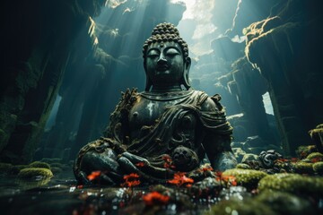Buddha Rock Statue on Black Buddha Buddha Portrait, generative IA