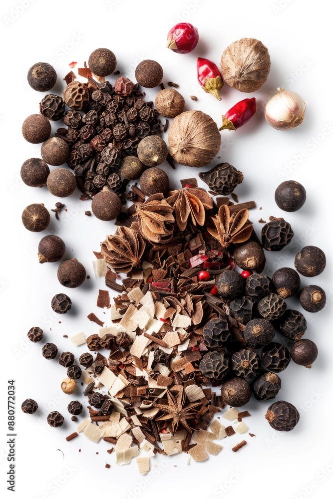 Poster A collection of various spices and nuts arranged on a white surface