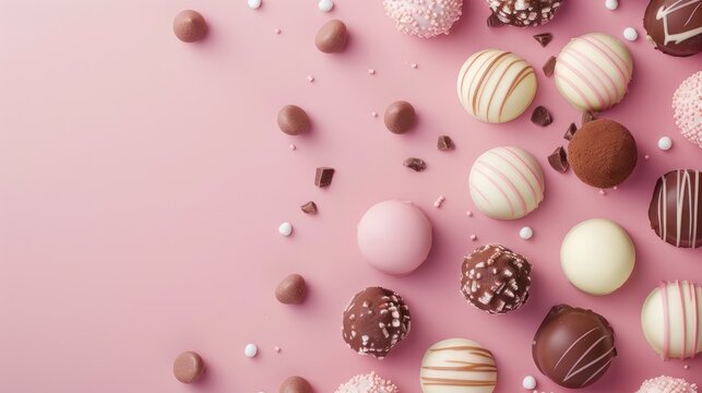 Chocolate and white drage candy collection with natural sweets mockup banner on pink background for dessert designs