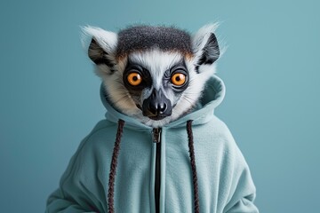 Lemur with an elegant gray hoody on a solid studio blue color background. Copy space for text. Cute cool exotic animal dressed fashion clothes, hood at head. Humor, summer. Funny creative concept