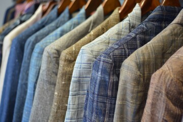 Linen jackets on hangers in a row