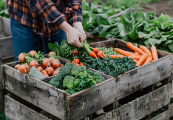 Hands picking fresh vegetables from old wooden crate, including carrots and green onions in garden with dark soil.