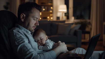 Man multitasking with baby and laptop