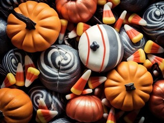 Halloween Treats Pumpkins, Candy Corn, and Swirled Sweets.