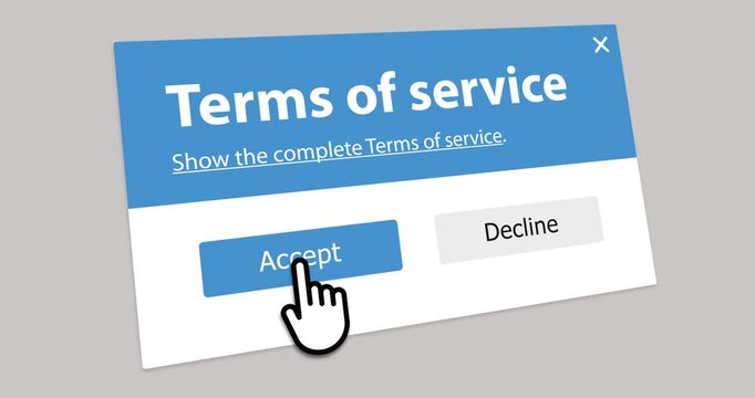Click on button accept of Terms of service, website pop with terms and conditions legal agreement, consent banner, ToS banner, footage
