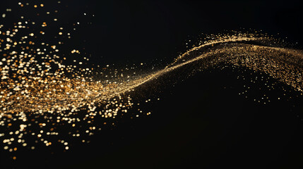 A stream of golden glitter appeared on the black background. The glitter fell in a way that looked like it was blown by the wind. The scene was quirky and fun.