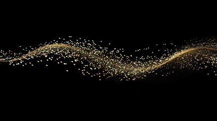 Fototapeta premium A stream of golden glitter appeared on the black background. The glitter fell in a way that looked like it was blown by the wind. The scene was quirky and fun.