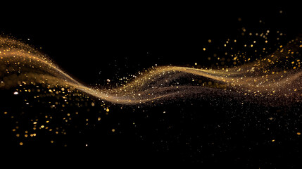 A stream of golden glitter appeared on the black background. The glitter fell in a way that looked like it was blown by the wind. The scene was quirky and fun.