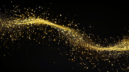 Fototapeta premium A stream of golden glitter appeared on the black background. The glitter fell in a way that looked like it was blown by the wind. The scene was quirky and fun.