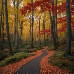 Obraz premium Show a path winding through a forest in fall, with vibrant red, orange, and yellow leaves.